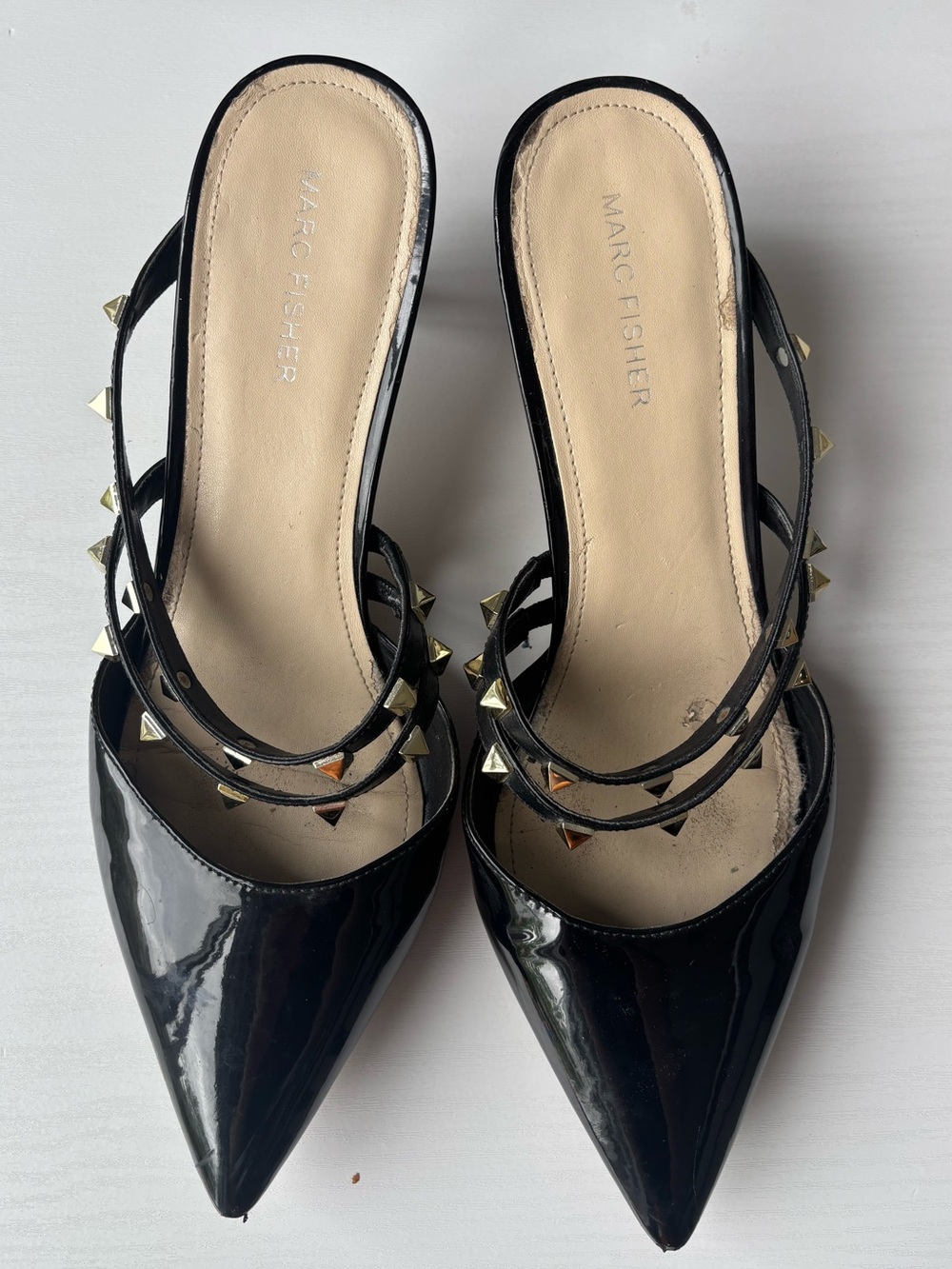 Marc Fisher Black Patent Pointed Studded Mule Slides